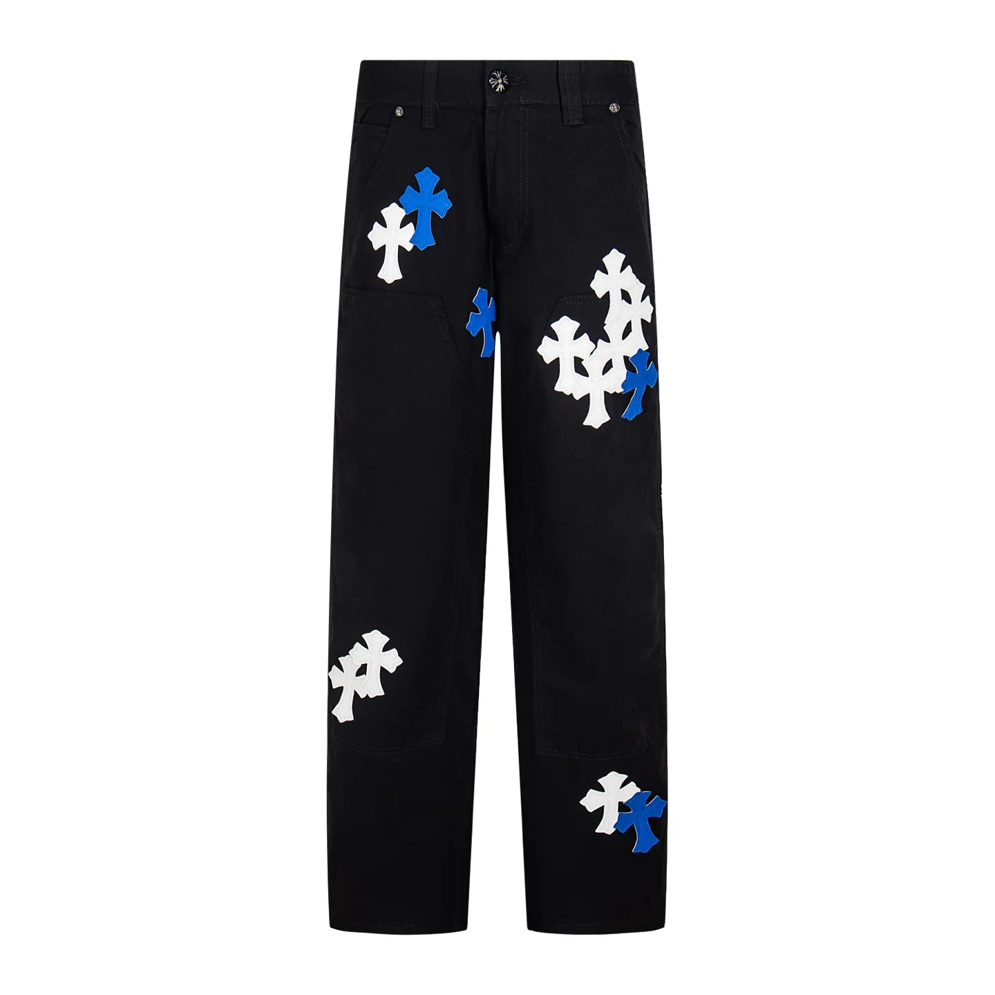 P260 Chrome Hearts Chrome Hearts black denim with white and blue multi-leather hot jeans. CH jeans need to be washed and then disassembled and hand-stitched with sheepskin cross leather and then spliced ​​to complete. The whole piece has too many craftsmanship to explain. The patchwork cross pattern is embellished, and the high-waisted washed jeans! ! Absolutely high-end luxury products, god-level single products, super popular products, made with top heavy industry, a magic weapon that cannot be missed. About Kroxin This is an extremely luxurious fashion brand, which can also be called the aristocrats of the high street. It has always been an exclusive brand for some hipsters or rich second generation. Compared with ordinary high streets, it is more luxurious and noble. Compared with luxury brands, it has a more fashionable personality and has always been a brand that I have a special liking for. Style number: 1765# Color: black Size: 28 30 32 34 36